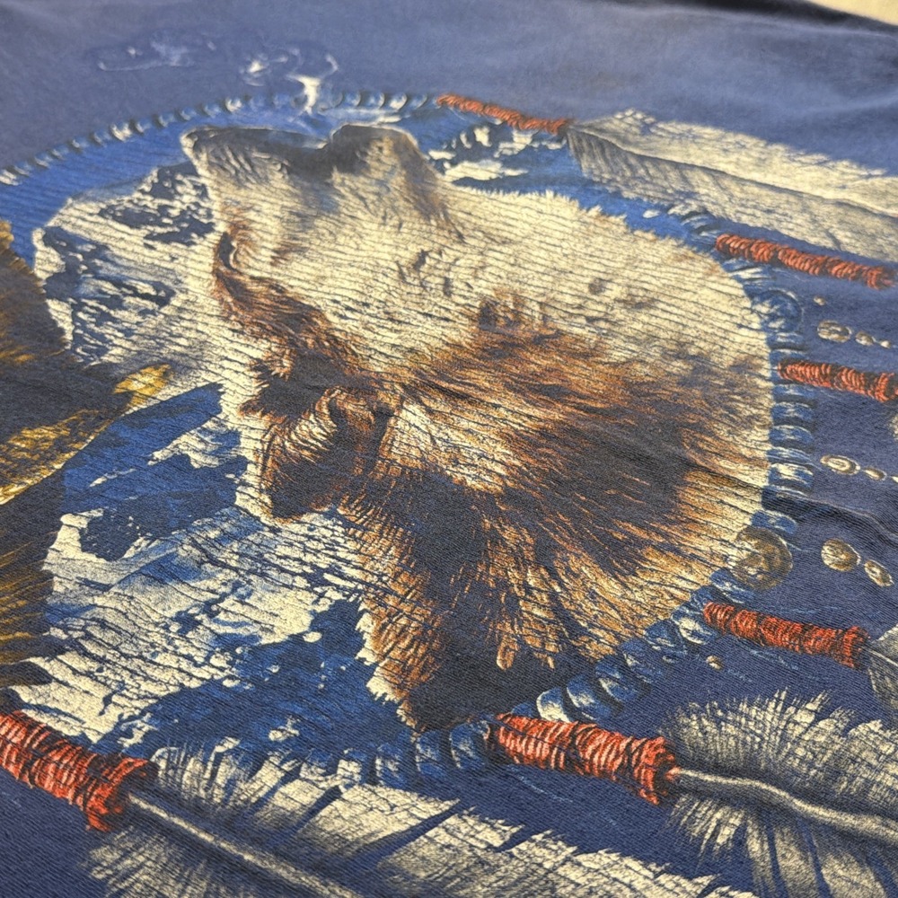 Vintage Wolf Dreamcatcher Eagle Graphic T Shirt XL Navy Y2K Nature Wildlife Tee - Picture 3 of 8